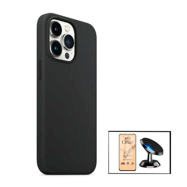 Kit Vidro Temperado Ceramica Full Cover + Capa Proteção Traseira Silicone + Suporte Magnético para iPhone 13 Pro