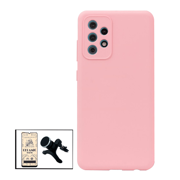 Kit Vidro Temperado Ceramica Full Cover + Capa Proteção Traseira Silicone + Suporte Magnético Com Pernas para Samsung Galaxy A52 5G - Rosa