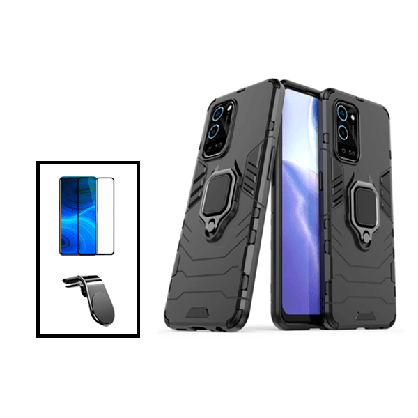 Kit Película de Vidro Temperado GorilasGlass + Capa de Proteção Militar Magnética + Suporte de Carro Magnético L para Oppo A56 5G - Preto