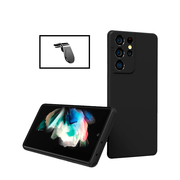 Kit Suporte de Carro Magnético L + Capa Proteção Traseira Silicone para Samsung Galaxy S22 Ultra 5G