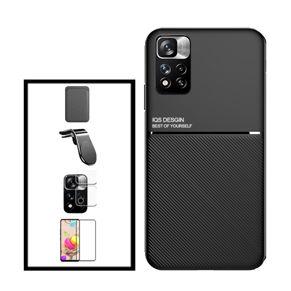 Kit Capa Traseira Magnética Anti Choque + Carteira Magnetica Preto + Película de Vidro Temperado GorilasGlass + Película Protectora para Câmara Traseira + Suporte de Carro Magnético L para Xiaomi Redmi Note 11E Pro - Preto