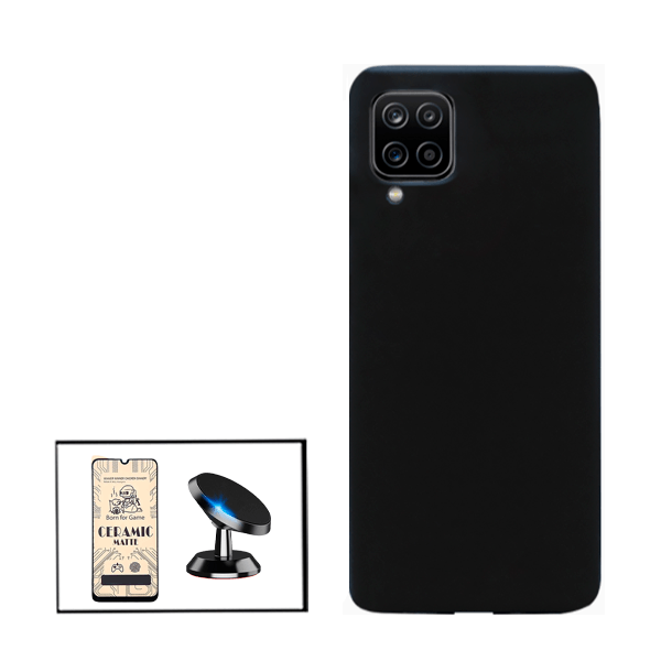 Kit Vidro Temperado Ceramica Full Cover + Capa Proteção Traseira Silicone + Suporte Magnético para Samsung Galaxy A12 Nacho