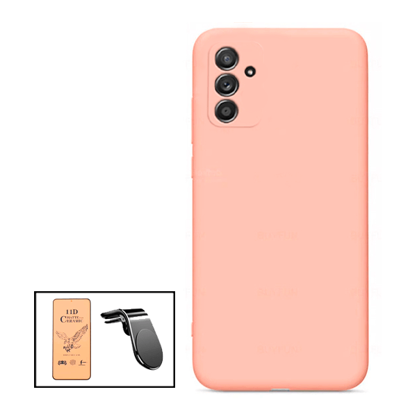 Kit Vidro Temperado Ceramica Full Cover + Capa Proteção Traseira Silicone + Suporte de Carro Magnético L para Samsung Galaxy M52 5G - Rosa