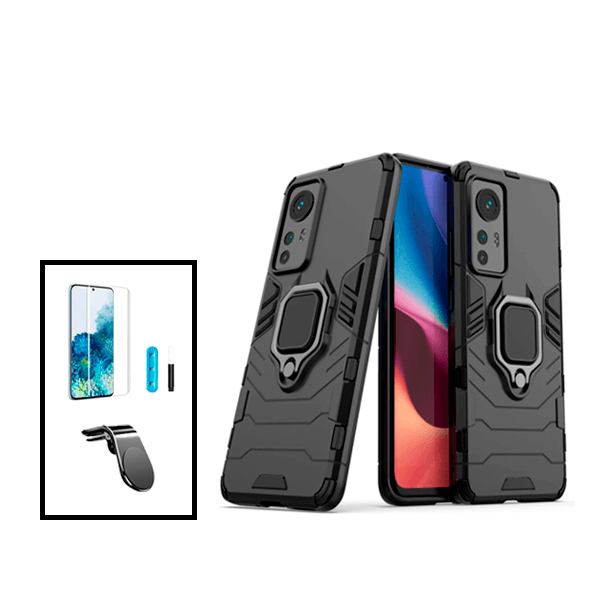 Kit Película de Vidro Curvada Full Glue UV + Capa de Proteção Militar Magnética + Suporte de Carro Magnético L para Xiaomi 12 - Preto