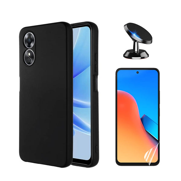Kit Película Protectora de Hydrogel Frente + Capa Proteção Traseira Silicone + Suporte Magnético GIFT4ME para Oppo A58 4G - Preto