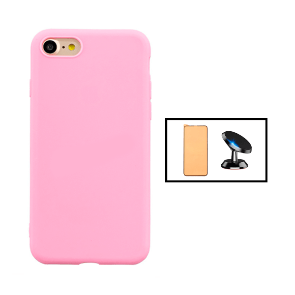 Kit Vidro Temperado Ceramica Full Cover + Capa Silicone Líquido + Suporte Magnético para Apple iPhone SE 2022 - Rosa