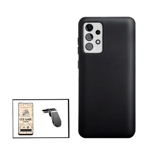 Kit Vidro Temperado Ceramica Full Cover + Capa Proteção Traseira Silicone + Suporte de Carro Magnético L para Samsung Galaxy M32 5G