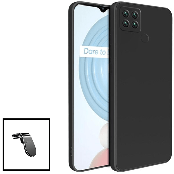 Kit Suporte de Carro Magnético L + Capa Proteção Traseira Silicone para Realme C25Y - Preto