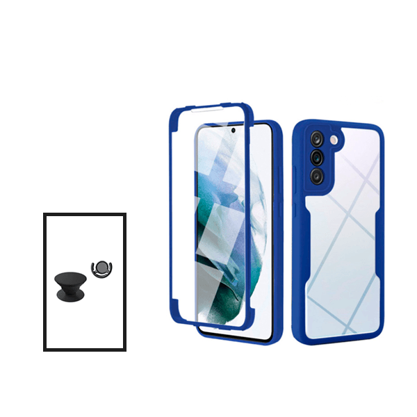 Kit Capa 360° Proteção Frente e Verso + 1 HandHolder + 1 Suporte HandHolder Preto para Samsung Galaxy S21 FE 5G - Azul Escuro
