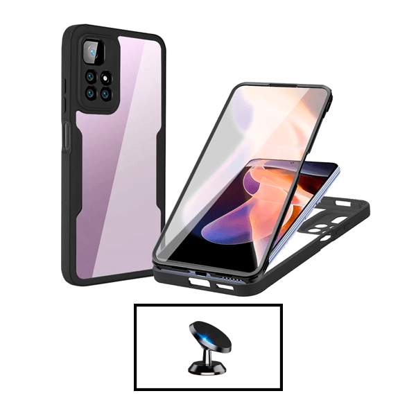 Kit Capa 360° Proteção Frente e Verso + Suporte Magnético para Xiaomi Redmi Note 11 Pro 5G - Preto