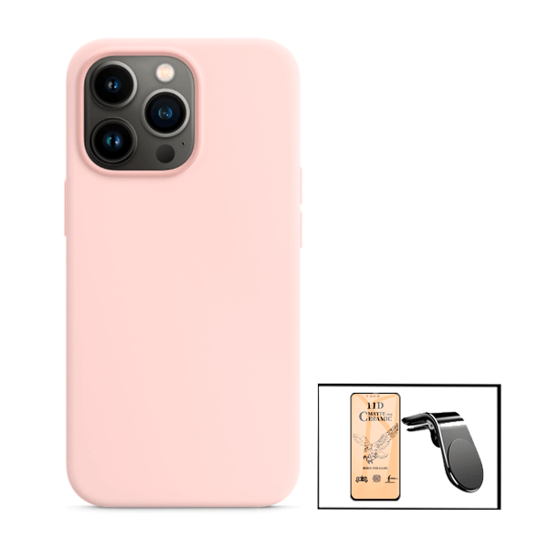 Kit Vidro Temperado Ceramica Full Cover + Capa Proteção Traseira Silicone + Suporte de Carro Magnético L para iPhone 13 - Rosa