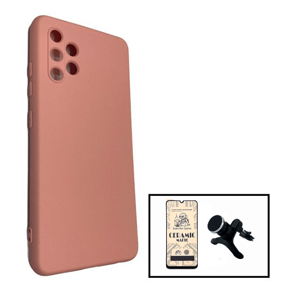 Kit Vidro Temperado Ceramica Full Cover + Capa Proteção Traseira Silicone + Suporte Magnético Com Pernas para Samsung Galaxy A32 4G - Rosa