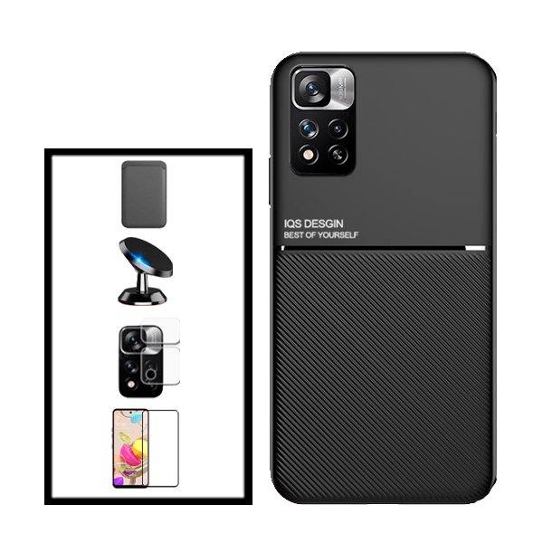 Kit Capa Traseira Magnética Anti Choque + Carteira Magnetica Preto + Película de Vidro Temperado GorilasGlass + Película Protectora para Câmara Traseira + Suporte Magnético para Xiaomi 11i HyperCharge - Preto