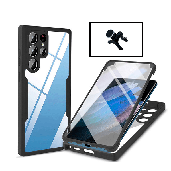 Kit Capa 360° Proteção Frente e Verso + Suporte Magnético Com Pernas para Samsung Galaxy S22 Ultra 5G - Preto