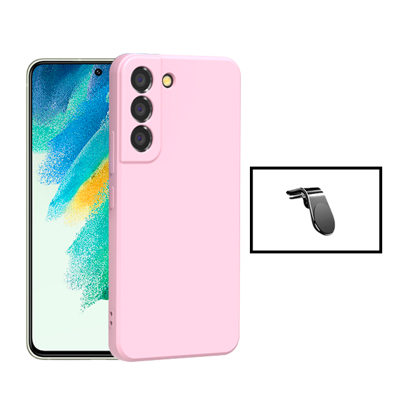 Kit Suporte de Carro Magnético L + Capa Proteção Traseira Silicone para Samsung Galaxy S22+ Plus 5G - Rosa