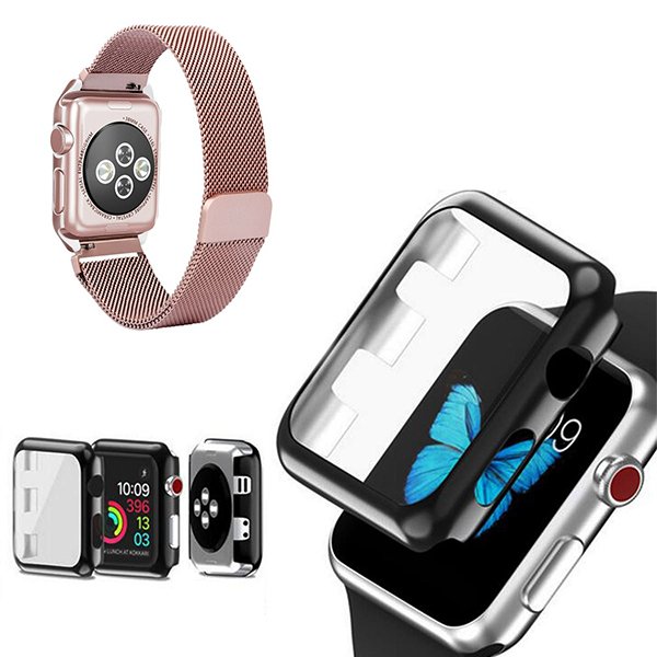 Kit Bracelete Milanese Com Fecho Magnético + Capa de Proteção + Vidro para Apple Watch Series 7 - 45mm - Rosa