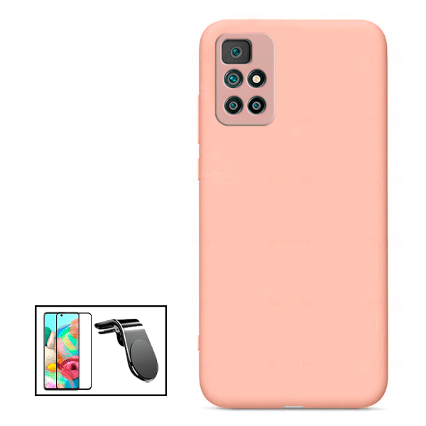 Kit Película de Vidro Temperado GorilasGlass + Capa Proteção Traseira Silicone + Suporte de Carro Magnético L para Xiaomi Redmi Note 11+ - Rosa