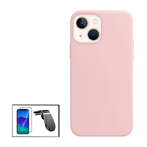 Kit Película de Vidro Temperado GorilasGlass + Capa Proteção Traseira Silicone + Suporte de Carro Magnético L para para iPhone 13 Mini - Rosa