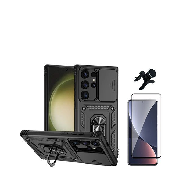 Kit Película de Vidro Temperado GorilasGlass Curvado + Capa de Proteção Militar Magnética Janela Deslizante + Suporte Magnético Com Pernas GIFT4ME para Samsung Galaxy S24 Ultra 5G - Preto