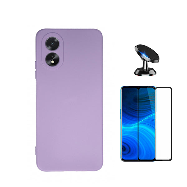 Kit Película de Vidro Temperado GorilasGlass + Capa Proteção Traseira Silicone + Suporte Magnético Phonecare para Oppo A38 4G - Roxo