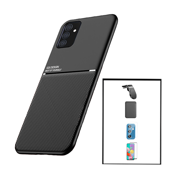 Kit Capa Traseira Magnética Anti Choque + Carteira Magnética Preto + Película de Vidro Temperado GorilasGlass + Película Protectora para Câmara Traseira + Suporte Magnético L para Samsung Galaxy M52 5G