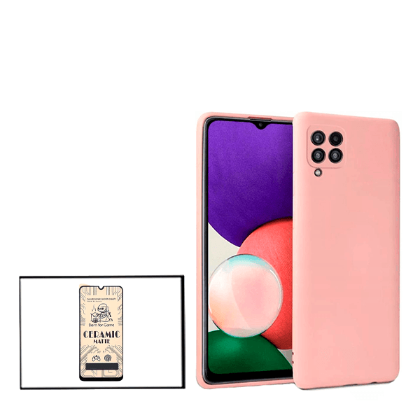 Kit Vidro Temperado Ceramica Full Cover + Capa Proteção Traseira Silicone para Samsung Galaxy F22 - Rosa
