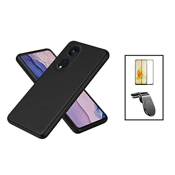 Kit Película de Vidro Temperado GorilasGlass + Capa Proteção Traseira Silicone + Suporte de Carro Magnético L para Oppo Reno 8T 5G - Preto