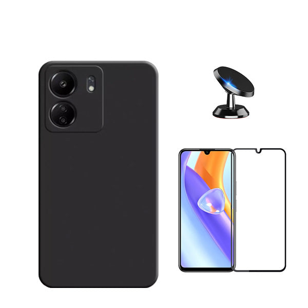 Kit Película de Vidro Temperado GorilasGlass + Capa Proteção Traseira Silicone + Suporte Magnético GIFT4ME para Xiaomi Redmi 13C - Preto