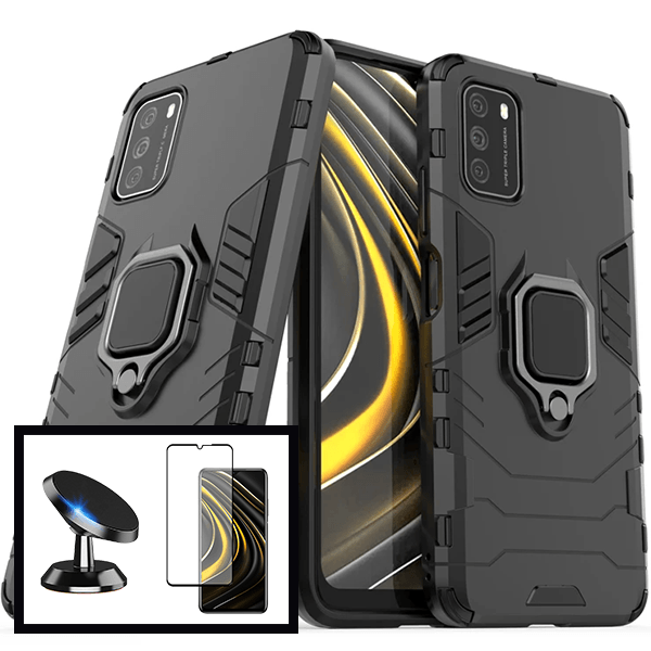 Kit Película de Vidro Temperado GorilasGlass + Capa de Proteção Militar Magnética + Suporte Magnético para Xiaomi Poco M3