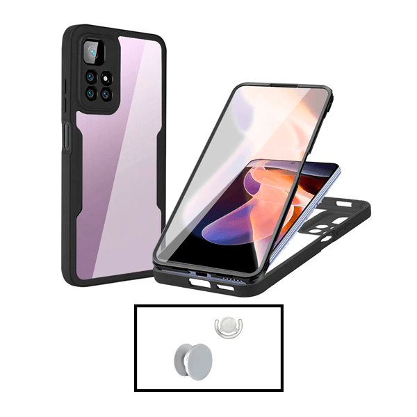 Kit Capa 360° Proteção Frente e Verso + 1 HandHolder + 1 Suporte HandHolder Branco para Xiaomi Redmi Note 11 Pro 5G - Preto