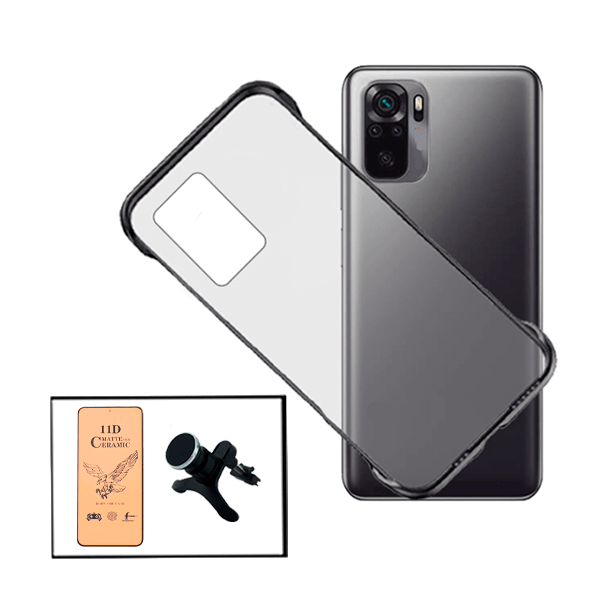 Kit Vidro Temperado Ceramica Full Cover + Capa Invisible Bumper + Suporte Magnético Com Pernas para Xiaomi Redmi Note 10s