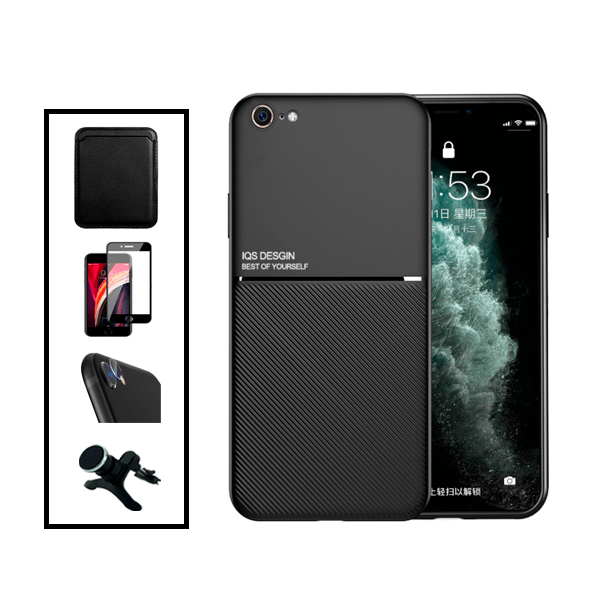 Kit Capa Traseira Magnética Anti Choque + Carteira Magnetica Preto + Película de Vidro Temperado GorilasGlass + Película Protectora para Câmara Traseira + Suporte Magnético Com Pernas para Apple iPhone SE 2022 - Preto