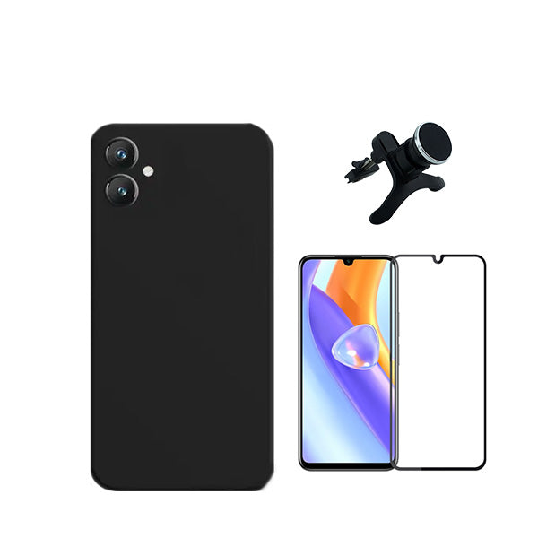Kit Película de Vidro Temperado GorilasGlass + Capa Proteção Traseira Silicone + Suporte Magnético Com Pernas Phonecare para Samsung Galaxy A05 - Preto