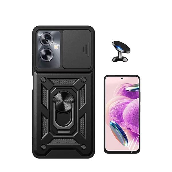 Kit Película Protectora de Hydrogel Frente + Capa de Proteção Militar Magnética Janela Deslizante + Suporte Magnético GIFT4ME para Oppo A79 5G - Preto