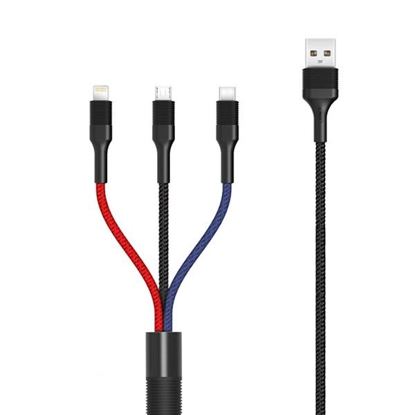 Cabo Nylon 3em1 3A 1,2m XO NB54 USB - ios + USB-C + micro-USB XO Multicor