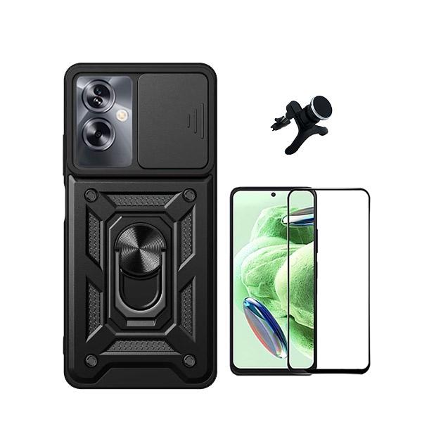 Kit Película de Vidro Temperado GorilasGlass + Capa de Proteção Militar Magnética Janela Deslizante + Suporte Magnético Com Pernas GIFT4ME para Oppo A79 5G - Preto