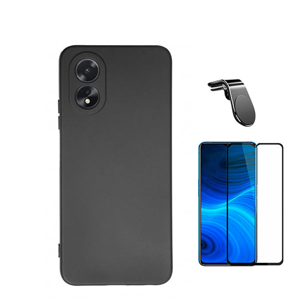 Kit Película de Vidro Temperado GorilasGlass + Capa Proteção Traseira Silicone + Suporte de Carro Magnético L Phonecare para Oppo A38 4G - Preto