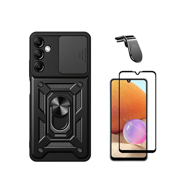 Kit Película de Vidro Temperado GorilasGlass + Capa de Proteção Militar Magnética Janela Deslizante + Suporte de Carro Magnético L GIFT4ME para Samsung Galaxy A15 5G - Preto