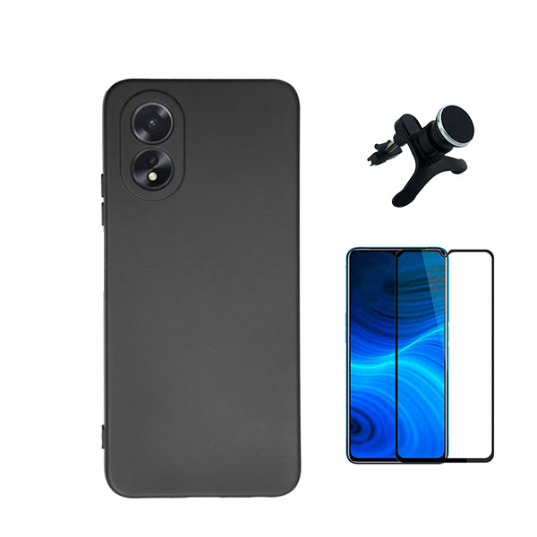 Kit Película de Vidro Temperado GorilasGlass + Capa Proteção Traseira Silicone + Suporte Magnético Com Pernas Phonecare para Oppo A38 4G - Preto