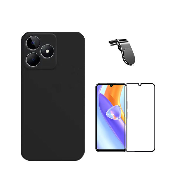 Kit Película de Vidro Temperado GorilasGlass + Capa Proteção Traseira Silicone + Suporte de Carro Magnético L GIFT4ME para Realme C53 - Preto