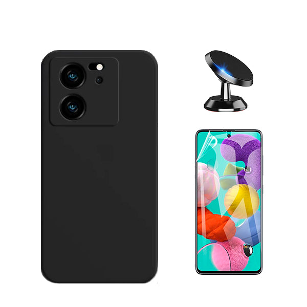 Kit Película Protectora de Hydrogel Frente + Capa Proteção Traseira Silicone + Suporte Magnético GIFT4ME para Xiaomi 13T - Preto