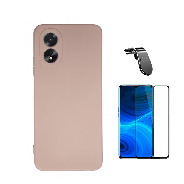Kit Película de Vidro Temperado GorilasGlass + Capa Proteção Traseira Silicone + Suporte de Carro Magnético L Phonecare para Oppo A38 4G - Rosa