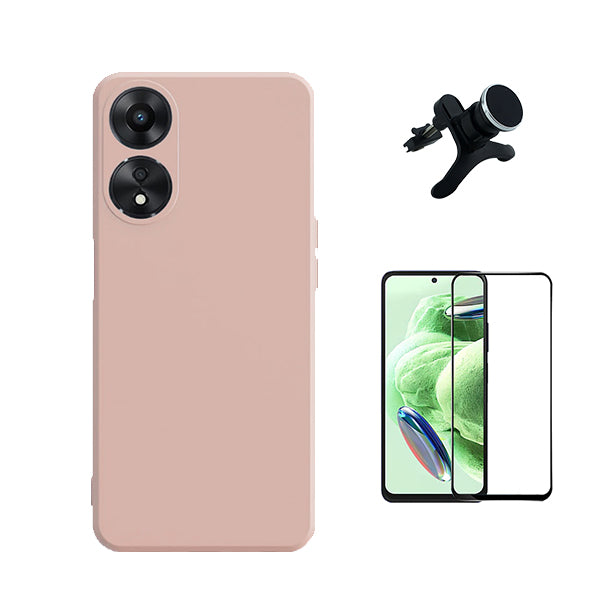 Kit Película de Vidro Temperado GorilasGlass + Capa Proteção Traseira Silicone + Suporte Magnético Com Pernas GIFT4ME para Oppo A58 4G - Rosa