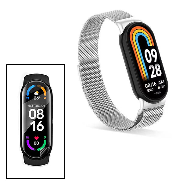 Kit Bracelete Milanese Com Fecho Magnético + Pelicula de Hydrogel para Xiaomi Mi Band 8 - Cinza