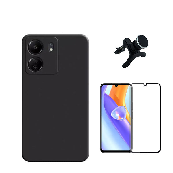 Kit Película de Vidro Temperado GorilasGlass + Capa Proteção Traseira Silicone + Suporte Magnético Com Pernas GIFT4ME para Xiaomi Redmi 13C - Preto