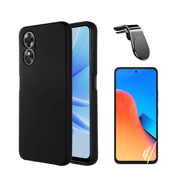 Kit Película Protectora de Hydrogel Frente + Capa Proteção Traseira Silicone + Suporte de Carro Magnético L GIFT4ME para Oppo A58 4G - Preto