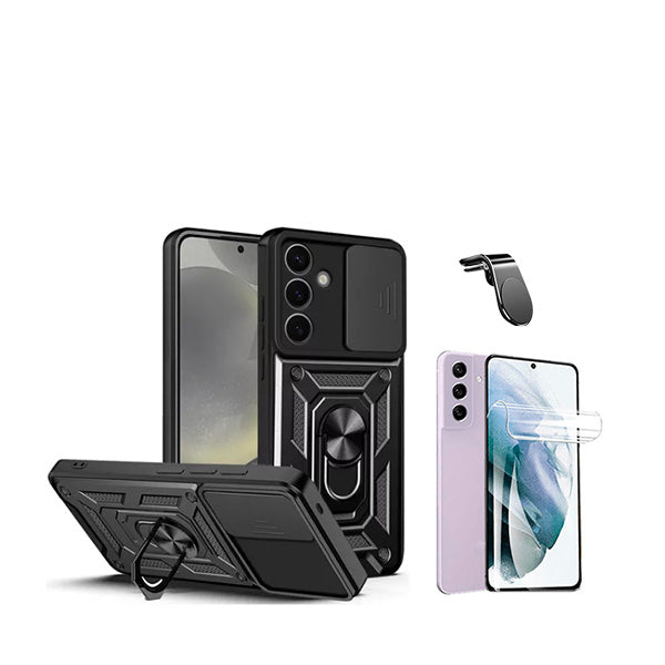 Kit Película Protectora de Hydrogel Frente + Capa de Proteção Militar Magnética Janela Deslizante + Suporte Magnético L GIFT4ME para Samsung Galaxy S24 5G - Preto