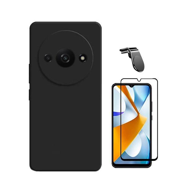 Kit Película de Vidro Temperado GOrilasGlass + Capa Proteção Traseira Silicone + Suporte de Carro Magnético L GIFT4ME para Xiaomi Redmi A3 - Preto