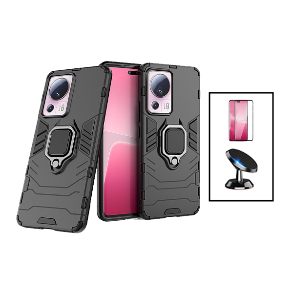 Kit Película de Vidro Temperado GorilasGlass Curvado + Capa de Proteção Militar Magnética + Suporte Magnético para Xiaomi 13 Lite - Preto