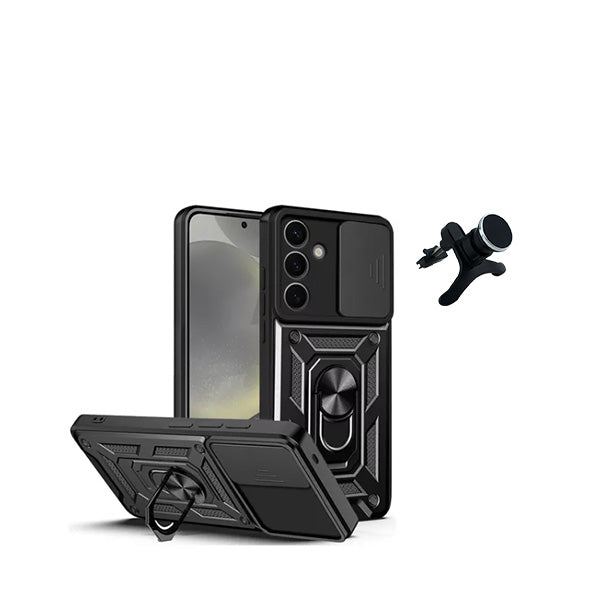 Kit Suporte Magnético Com Pernas + Capa de Proteção Militar Magnética Janela Deslizante GIFT4ME para Samsung Galaxy S24 Plus + 5G - Preto